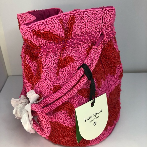 KATE SPADE X TARGET Beaded Classic Rose Drawstring Bucket Bag Pink Red NEW - Picture 3 of 17